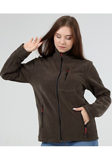 Genius Store Tam Fermuarlı Outdoor 3 Cepli Spor Kadın Polar Ceket Haki