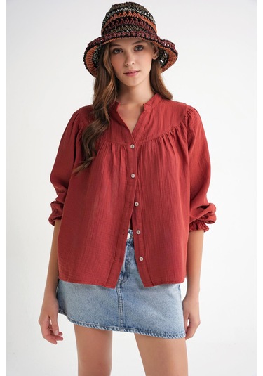 4733 Kadın Büzgü Robalı Uzun Kol Müslin Gömlek Kızılcık Kızılcık 4733 Kadın Büzgü Robalı Uzun Kol Müslin Gömlek Kızılcık Kızılcık