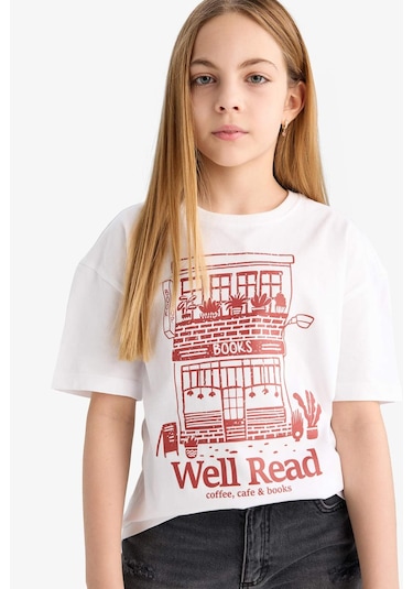 DeFacto Relax Fit Bisiklet Yaka Baskılı Kısa Kollu Kız Çocuk Tişört E0355A825SMWT34 - Beyaz