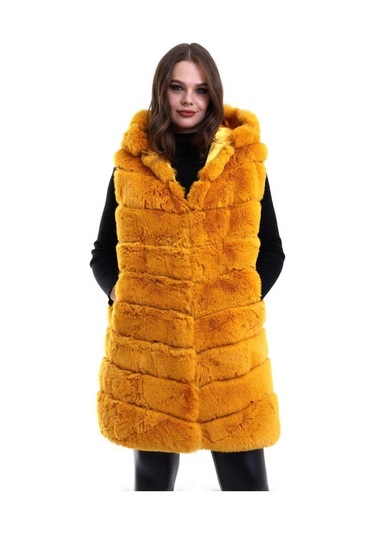 Kapşonlu Peluş Kürk Yelek Premium Kalite, Tam Astarlı, Uzun Model - Sarı Sarı