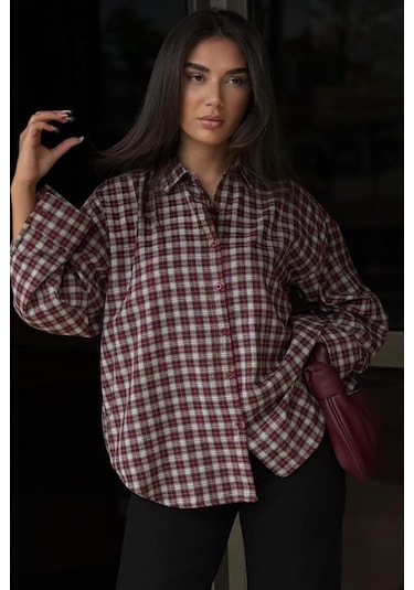 Madmext Kırmızı Oversize Kareli Kadın Gömlek Mg2822