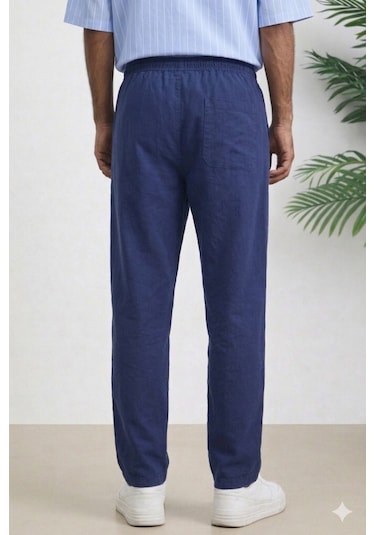 Tarz Cool Erkek Yazlık Keten Karışımı Relaxed Pantolon Lacivert