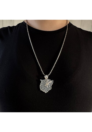925 Ayar Gümüş Bozkurt Tasarım Kral Zincirli Erkek Kolye Gümüş