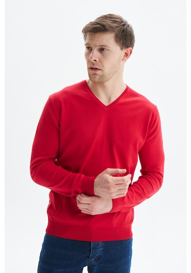 Arma Erkek Slim Fit Basic V Yaka Triko Kazak K9kro0852 Kırmızı