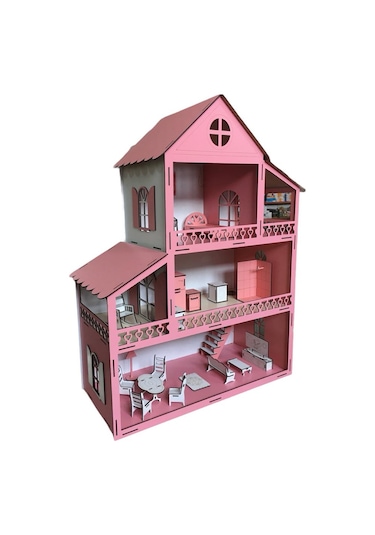 Ahşap Oyun Evi 80Cm 21 Eşya Pembe