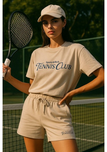 Kadın Sporty Kısa Kollu Bisiklet Yaka Oversize T-shirt Ve Şortlu Alt Üst Takım Tenis İkili Takım Çok Renkli