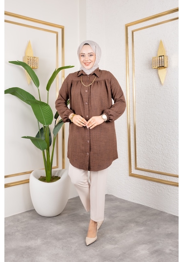 Önü Büzgülü Bilek Lastikli Tunik - Kahverengi / Ü104 Kahverengi
