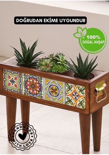 Halohope El Yapımı Ayaklı 4 Çinili Dekoratif Modern Ahşap Dikdörtgen Bahçe Balkon Saksı Saksılık Çiçeklik