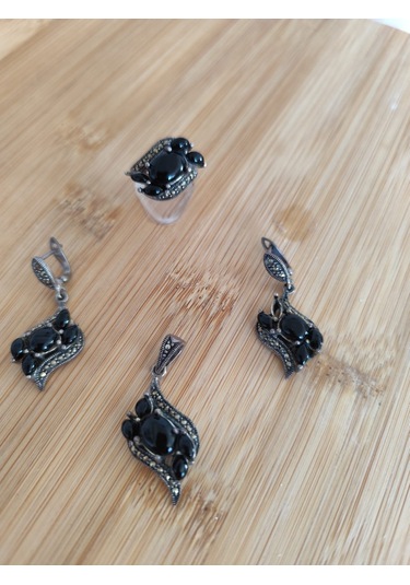 Oniks Ve Markazit Taşlı Gümüş Set Bronz