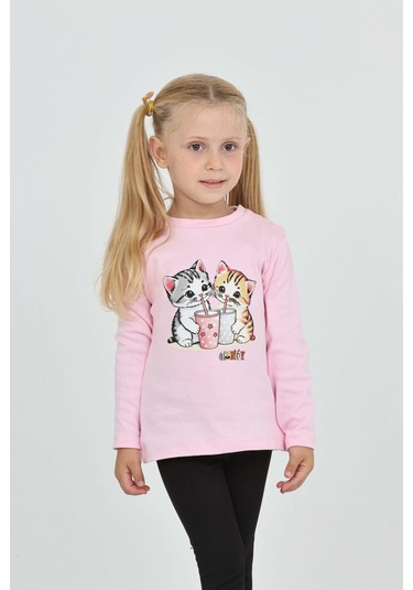 Toontoy Kız Çocuk İkili Kedi Baskılı Sweatshirt Pembe