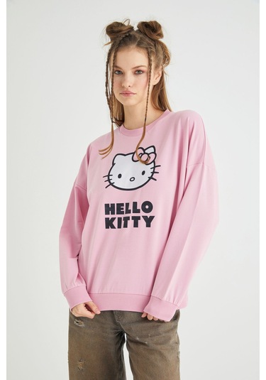 Hello Kitty Lisanslı Baskılı Oversize Fit Pembe Sweatshirt Renkli