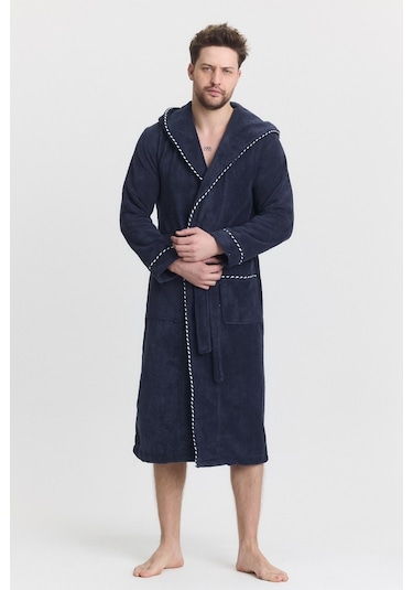 Mulberry Triga Erkek Bornoz %100 Pamuk Kapüşonlu Lacivert