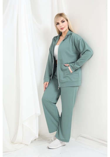 Kadın Büyük Beden Fermuarlı Uzun Kollu Rahat Günlük Eşofman Takım Çağla