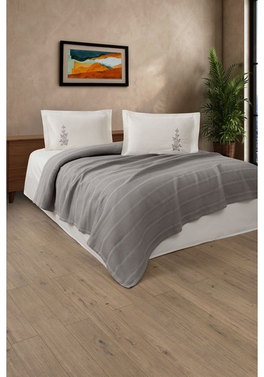 Çift Kişilik 4 Parça Pike Takımı Çeyizlik, Pamuklu Pike Seti Legacy-gri Gri