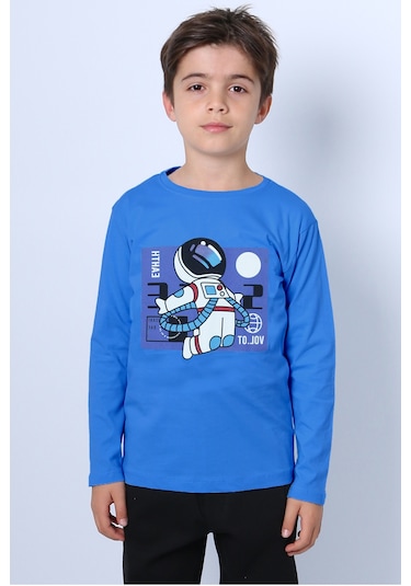 Hçm Erkek Çocuk Uzun Kollu Tshirt Astronot Baskılı Bisiklet Yaka B40 Mavi