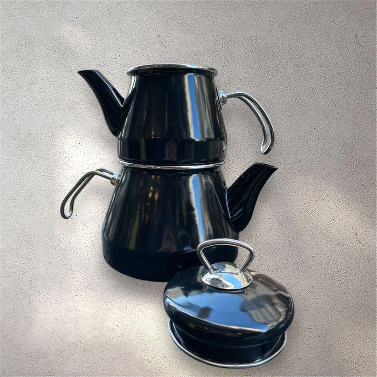 Taşev Robin Emaye Çaydanlık Takımı Siyah Siyah