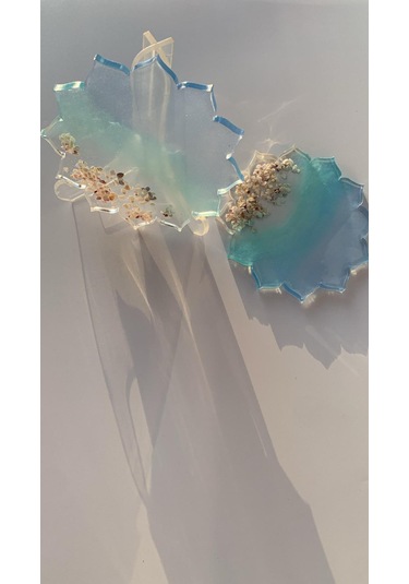 Su Mavisi Ve Yeşili Deniz Kabuklu Güneş Şekil Epoksi Bardak Altı Su Mavisi