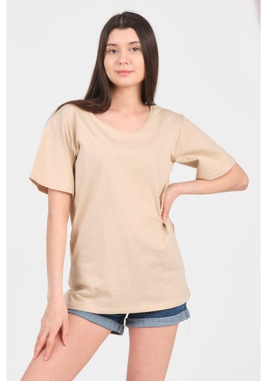 As Collection Bej V Yaka Kısa Kol Boyfriend Kadın T-shirt Bej