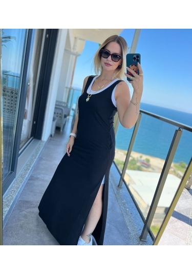 Kadın Yırtmaç Detaylı Viskon Kumaş Maxi Boy Cepli Iç Dahil Ikili Elbise Siyah