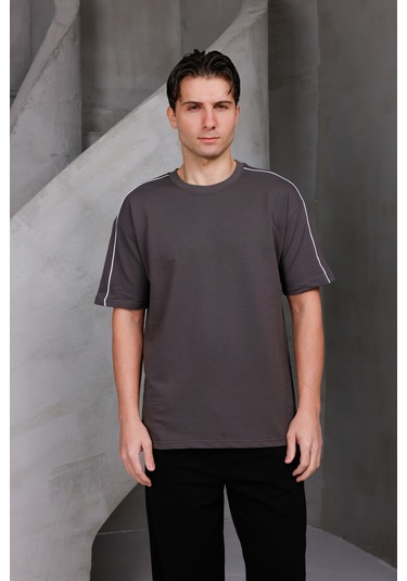 Erkek Şeritli Oversize Bisiklet Yaka 2 İki İplik Kompakt T-shirt Kahverengi