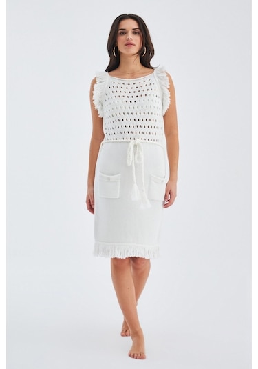 Peraluna Mıyokı Dress %100 Pamuk Diz Hizası Yazlık Kadın Triko El Kırık Beyaz