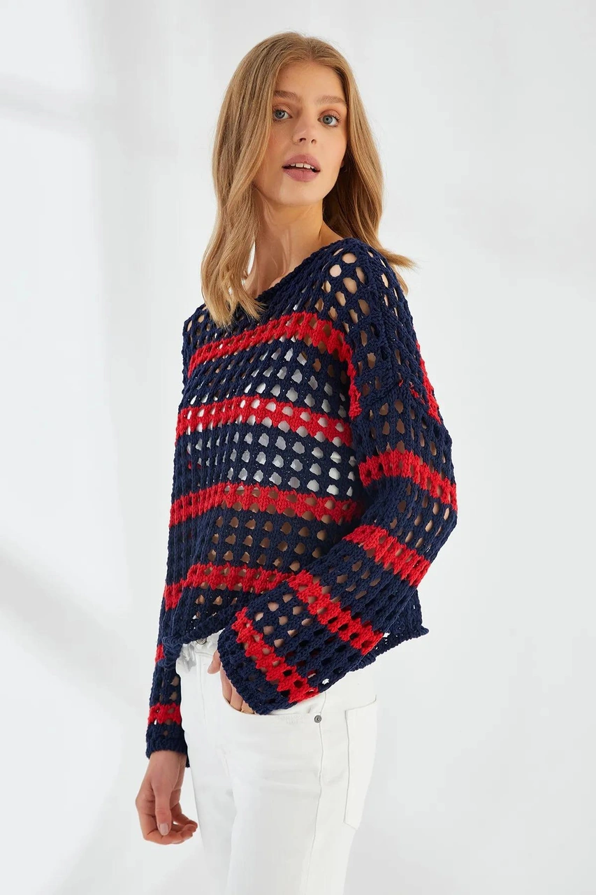 6877 Kadın Çizgili Ajurlu Kayık Yaka Triko Kazak Lacivert Lacivert