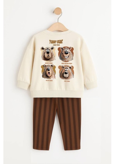 Erkek Çocuk Kahve Renk Funny Bear Baskılı Sırt Detaylı Sweatshirt Çizgili Jogger Eşofman Alt Üst Takım Krem Erkek Çocuk Kahve Renk Funny Bear Baskılı Sırt Detaylı Sweatshirt Çizgili Jogger Eşofman Alt Üst Takım Krem