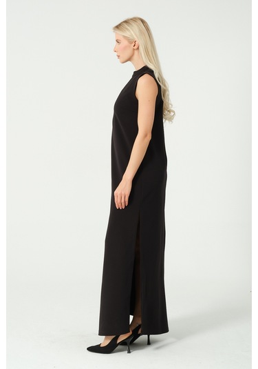 Derin Yırtmaç Basic Uzun Elbise Siyah