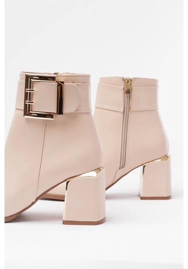Dnz-400 Bej Toka Aksesuarlı Topuklu Fermuarlı Günlük Kadın Bot Bej