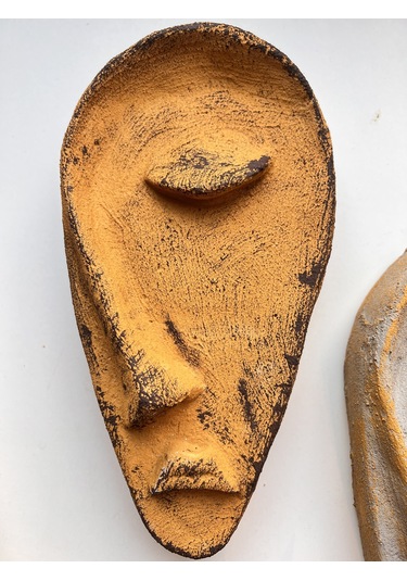 Özel Tasarım El Yapımı Taş Heykel Soyut Yarım Yüz Maske 2'li Set, Duvar Dekor, Modern Ev Ve Ofis Dek