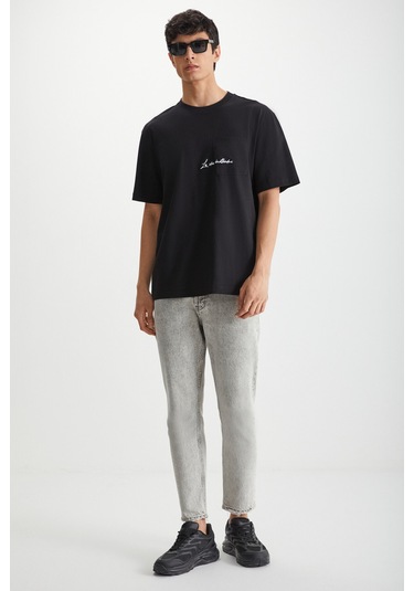 Kravın Erkek %100 Pamuk Bisiklet Yaka Baskılı Siyah T-shirt