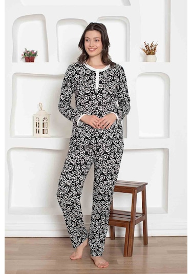 Kadın Çiçek Desen Bisiklet Yaka 3 Düğmeli %100 Pamuk Penye İnce Yazlık Uzun Kol Pijama Takımı Siyah