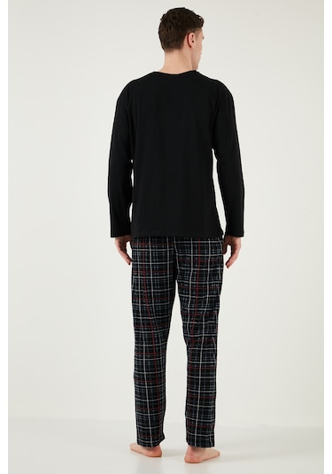 Buratti Ekoseli Cepli Beli Lastikli % 100 Pamuk Regular Fit Erkek Pijama Takımı 6572001 Siyah-Füme
