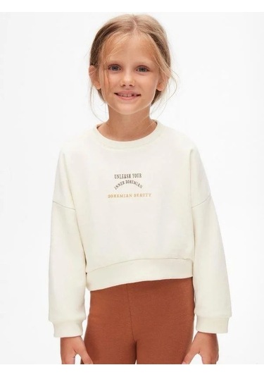 Kız Çocuk Pamuklu İki İplik Bohem Sweatshirt-14711 KREM