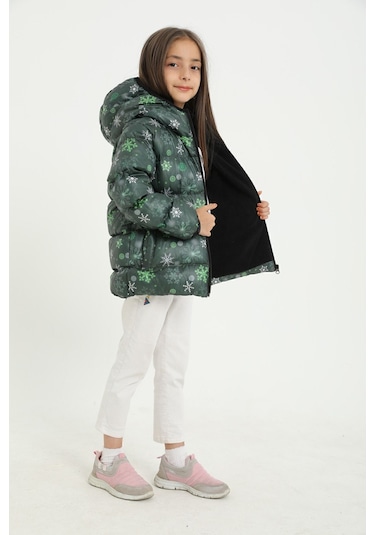 Freemen Kız Çocuk Yeşil Kar Tanesi Desen Polar Su Ve Rüzgar Geçirmez Kapüşonlu Şişme Kışlık Mont Yeşil
