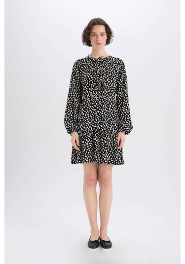 DeFacto Bisiklet Yaka Puantiye Uzun Kollu Mini Elbise E6612AX25SPBK81
