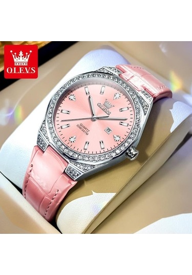 Novahub Olevs Kadın Saati Lüks Orijinal Quartz Saat Su Geçirmez Işıklı Elmaslı Saat Moda Zarif Kadın Saati Pembe Pembe