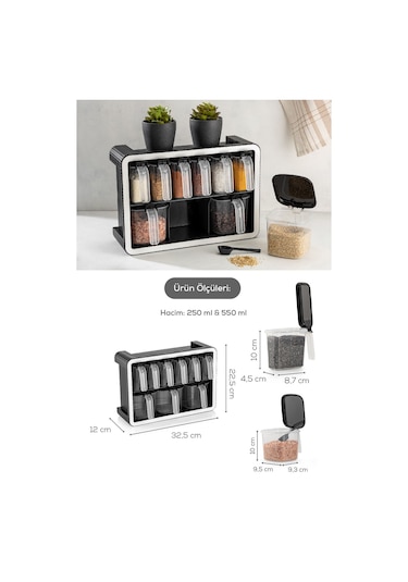 Vienev 9lu Standlı Kendinden Yapışkanlı Kaşıklı Baharatlık Seti Antrasit