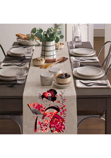 Çin Yelpazeli Kadın Runner, Runer, Masa Örtüsü, Sofranıza Zarafet Katın Runner, Masa Örtüsü Krem
