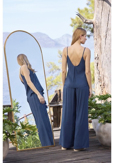 Monamise Kadın Yaprak Desenli Dekolteli V Yaka 3'lü Alt Üst Takım 25012 Lacivert