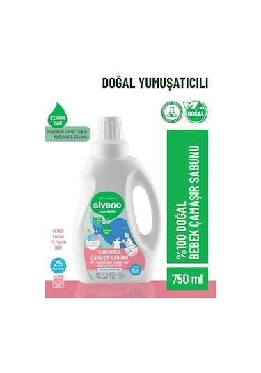 Siveno %100 Doğal Bebek Çamaşır Sabunu Kendinden Yumuşatıcılı Bitkisel Deterjan Konsantre Vegan 750 ml