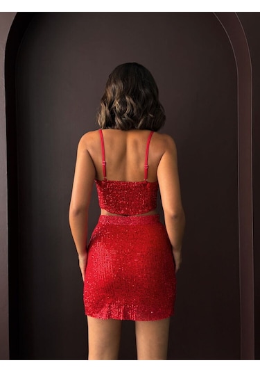 Topshow Payetli Mini Etek Şık Gece Ve Parti Modası Kırmızı Kırmızı