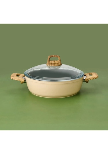 Hisar Seramik Kaplama Basık Tencere - Beyaz / Kahverengi - 26 Cm