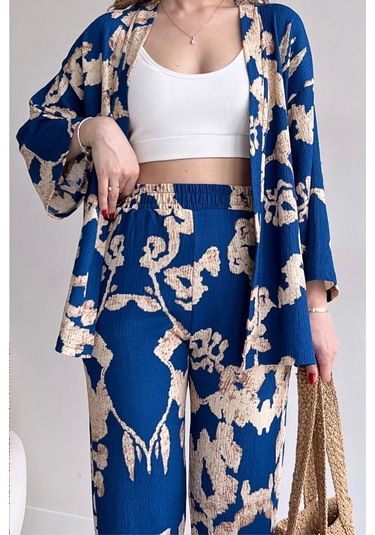 Trend Alisse Desenli Kimono Kadın Alt Üst Takım Mavi