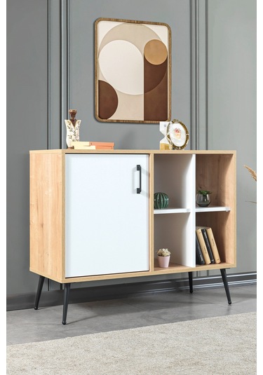 4111 Şile Metal Ayaklı Metal Kulplu 100 Cm Konsol - Tv Ünitesi - Yemek Odası - Kahve Köşesi Beyaz Beyaz - Safir