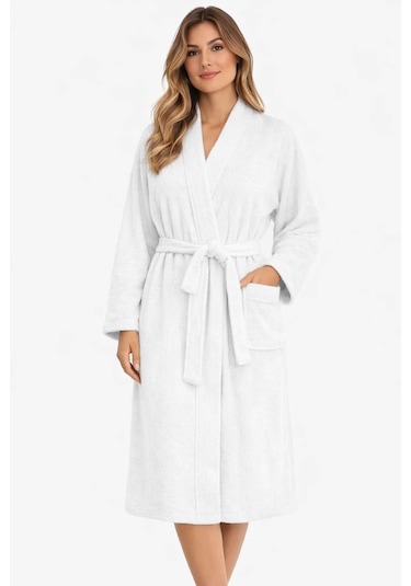 Kimono Yaka Unisex Pamuklu Tek Kişilik Bornoz Beyaz Renkli