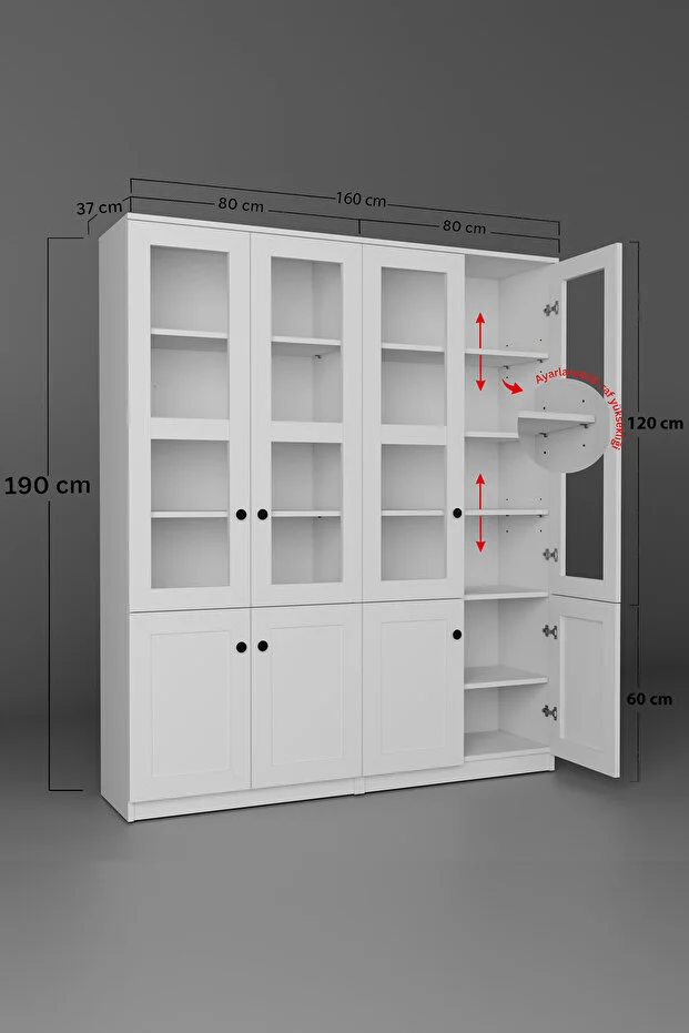 Lisa 8 Kapaklı Beyaz Vitrin Seti - Kitaplık Ve Çok Amaçlı Dolap Beyaz