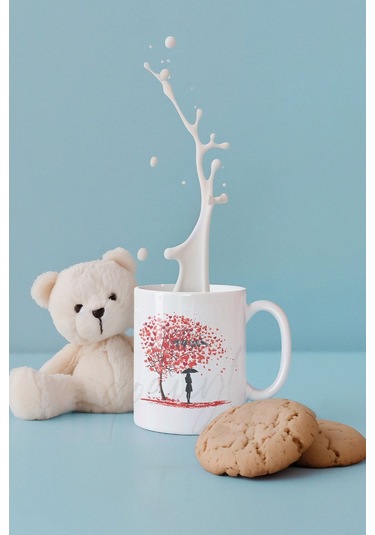 Kalp Yapraklı Hayat Ağacı Ve Kuş Baskılı Romantik Hediyelik Beyaz Kupa Bardak Beyaz-kırmızı