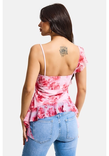 Itsbasic Kadın Pembe Baskılı S6 Çiçek Desen-7 Asimetrik Kesim Askılı Bluz