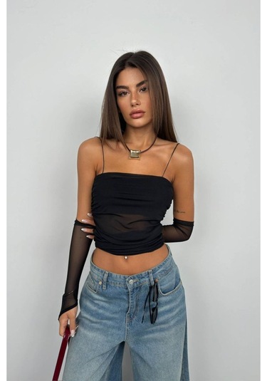 Kolluk Detay Askılı Tül Bluz Siyah